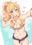 bangle bikini blonde_hair blue_eyes blush bracelet breasts cleavage cowboy_shot curly_hair dutch_angle eyebrows_visible_through_hair foreshortening front-tie_bikini front-tie_top gluteal_fold heart idolmaster idolmaster_cinderella_girls jewelry jiino looking_at_viewer medium_breasts multicolored multicolored_bikini multicolored_clothes navel necklace o-ring_bikini o-ring_top ootsuki_yui open_fly open_pants outstretched_arm ponytail short_shorts shorts sidelocks striped striped_bikini swimsuit thigh_gap w 