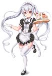  1boy absurdly_long_hair cake commission eyebrows_visible_through_hair food gloves grey_hair holding holding_tray long_hair looking_at_viewer maid maid_headdress male original puffy_short_sleeves puffy_sleeves red_eyes rommeling short_sleeves solo thigh-highs trap tray twintails very_long_hair white_gloves white_legwear 
