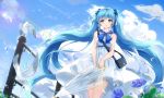  1girl ahoge artist_name bag bangs bird blue_bow blue_eyes blue_flower blue_hair blue_sky blush bow clouds cloudy_sky condensation_trail day dress eyebrows_visible_through_hair hair_bow hatsune_miku highres holding holding_umbrella k.syo.e+ long_hair looking_at_viewer open_mouth outdoors plant pouch railing rainbow sailor_dress shoulder_bag signature sky solo sparkle standing sundress tareme transparent_umbrella umbrella very_long_hair vocaloid white_dress 