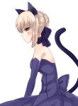  1girl animal_ears artoria_pendragon_(all) bangs bare_shoulders blonde_hair blue_choker blue_gloves blush breasts brown_eyes cat_ears cat_tail choker closed_mouth dress elbow_gloves eyebrows_visible_through_hair fate/stay_night fate_(series) gloves hair_bun looking_at_viewer looking_to_the_side medium_breasts nosaku_(darari-jelly) saber_alter sidelocks simple_background solo tail upper_body white_background 