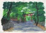  commentary day forest highres nature no_humans original outdoors path road sawitou_mizuki scenery stairs stone torii traditional_media tree 