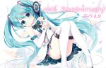  1girl 2017 anniversary aqua_eyes aqua_hair boots dated detached_sleeves hatsune_miku long_hair looking_at_viewer magical_mirai_(vocaloid) microphone skirt smile solo sumikko_no_aria thigh-highs thigh_boots twintails very_long_hair vocaloid white_background 