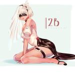  1girl alternate_costume alternate_footwear artist_name bare_shoulders black_hairband blindfold blue_eyes character_name choker covered_eyes detached_sleeves dress frills full_body garters hairband high_heels legs lips long_dress looking_at_viewer making_of mole mole_under_mouth nier_(series) nier_automata no_legwear puffy_short_sleeves puffy_sleeves reagan see-through short_sleeves sitting solo stiletto_heels strapless strapless_dress veil wariza yorha_no._2_type_b 