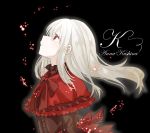  1girl black_background bow capelet character_name copyright_name eyebrows_visible_through_hair floating_hair ishido_mutsuki k_(anime) kushina_anna lolita_fashion long_hair looking_up neck_ribbon parted_lips red_bow red_eyes red_ribbon ribbon silver_hair simple_background solo tears 