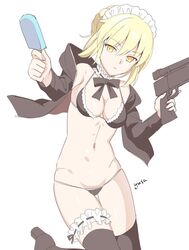  1girl artist_name artoria_pendragon_(all) artoria_pendragon_(swimsuit_rider_alter)_(fate) bikini black_bikini black_legwear blonde_hair braid breasts cleavage detached_collar error expressionless fate/grand_order fate_(series) food gun hood hooded_jacket hoodie jacket leg_garter lowleg lowleg_bikini maid_headdress navel open_clothes open_hoodie open_jacket popsicle ribbon saber_alter saikawa_yusa short_hair simple_background sketch small_breasts solo standing standing_on_one_leg string_bikini swimsuit thigh-highs trigger_discipline weapon white_background yellow_eyes 