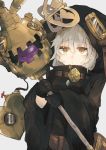  bangs black_gloves closed_mouth expressionless eyebrows_visible_through_hair gloves grey_background holding hood_up komeiji_koishi long_sleeves looking_at_viewer machinery short_hair simple_background steampunk third_eye touhou upper_body white_hair wide_sleeves yellow_eyes zairen 
