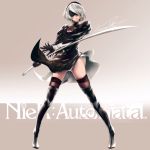  1girl black_hairband blindfold boots breasts cleavage copyright_name covered_eyes dress facing_viewer feather-trimmed_sleeves full_body hairband highres juliet_sleeves katana leotard leotard_under_clothes long_sleeves medium_breasts nier_(series) nier_automata no_mole puffy_sleeves ribbed_dress signature silver_hair solo sword thigh-highs thigh_boots thighhighs_under_boots vambraces vinsuality weapon white_leotard wind wind_lift yorha_no._2_type_b 