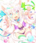  ahoge animal_ears blush breasts candy cat_ears cat_paws chromatic_aberration cleavage collar food green_legwear large_breasts lollipop looking_at_viewer mofuaki multicolored multicolored_eyes navel open_mouth original paws pink_legwear rainbow_eyes sitting smile striped striped_legwear thigh-highs wariza white_hair white_legwear 