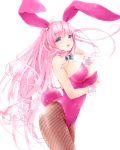  1girl :d animal_ears blue_eyes bow bowtie breast_hold breasts brown_legwear bunny_girl bunny_tail bunnysuit contrapposto cowboy_shot detached_collar eyebrows_visible_through_hair fake_animal_ears fishnet_pantyhose fishnets hairband hand_to_own_mouth koshika_rina large_breasts leotard long_hair open_mouth original pantyhose pink_hair rabbit_ears simple_background smile solo tail very_long_hair white_background wrist_cuffs 