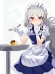  1girl apron bangs black_bow blush bow braid closed_mouth covering_mouth eyebrows_visible_through_hair food gloves hair_between_eyes hair_bow holding holding_spoon izayoi_sakuya looking_at_viewer maid maid_headdress orange_eyes pudding puffy_short_sleeves puffy_sleeves rin_falcon short_sleeves side_braid silver_hair sitting solo spoon touhou twin_braids waist_apron white_apron white_gloves 