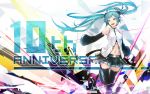  :d anniversary aqua_eyes aqua_hair aqua_nails armpit_peek bangs bare_shoulders belt black_boots black_skirt boots breasts commentary detached_sleeves english facial_mark hatsune_miku highres large_breasts long_hair looking_away looking_to_the_side midriff nail_polish navel open_mouth pleated_skirt shirt skirt sleeveless sleeveless_shirt smile standing standing_on_one_leg sugi_214 thigh-highs thigh_boots twintails vocaloid zettai_ryouiki 