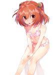  1girl asuzemu bare_arms bare_legs bare_shoulders bell bra brown_eyes hair_bell hair_ornament looking_at_viewer motoori_kosuzu navel orange_hair pink_bra simple_background sitting smile solo touhou two_side_up underwear underwear_only v_arms white_background 