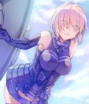  1girl :d armor armored_dress bangs breasts cowboy_shot elbow_gloves eyebrows_visible_through_hair fate/grand_order fate_(series) gloves hair_over_one_eye highres holding_shield impossible_clothes large_breasts lavender_hair leaning_forward looking_at_viewer open_mouth pink_hair purple_gloves purple_legwear saijou_haruki shield shielder_(fate/grand_order) short_hair smile solo tareme thigh-highs thighs violet_eyes 