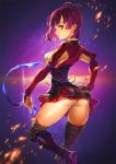  1girl ass bandage boots breasts brown_hair closed_mouth commentary_request contrapposto corset embers from_behind hakama_skirt hand_on_hip highres japanese_clothes koutetsujou_no_kabaneri looking_at_viewer looking_back medium_breasts miniskirt mumei_(kabaneri) panties pantyshot red_eyes revision ribbon sage_joh short_hair sideboob skirt smile solo standing underwear white_panties 