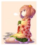  1girl apron bangs bell blush brown_hair checkered checkered_kimono cup eyebrows_visible_through_hair full_body hair_bell hair_ornament highres holding japanese_clothes kimono long_sleeves looking_to_the_side motoori_kosuzu orange_eyes parted_lips rin_falcon seiza sitting solo touhou twintails wide_sleeves yellow_apron yunomi 