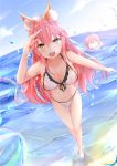  2girls animal_ears beach bikini blue_bikini breasts cleavage collarbone day fate/extra fate/grand_order fate_(series) fox_ears fox_tail highres innertube large_breasts long_hair looking_at_viewer multiple_girls ocean open_mouth outdoors pink_hair summer swimsuit tail tamamo_(fate)_(all) tamamo_cat_(fate) tamamo_no_mae_(fate) yellow_eyes yoruciel 