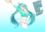  1girl absurdres aqua_background aqua_eyes aqua_hair aqua_sweater bangs character_name confetti dated eyebrows_visible_through_hair gradient gradient_background hair_between_eyes happy_birthday hat hatsune_miku highres hips long_hair looking_at_viewer midriff mismatched_legwear navel off-shoulder_sweater off_shoulder one_eye_closed open_mouth party_hat party_popper pleated_skirt see-through skirt smile solo sweater tareme the_cold thigh-highs thighs twintails very_long_hair vocaloid white_legwear white_skirt 