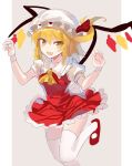  1girl ascot bangs blonde_hair blush bow eyebrows_visible_through_hair fang flandre_scarlet hair_between_eyes hat hat_bow looking_at_viewer mob_cap open_mouth puffy_short_sleeves puffy_sleeves red_bow red_shoes rin_falcon shoes short_sleeves side_ponytail smile solo thigh-highs touhou white_hat white_legwear yellow_eyes zettai_ryouiki 