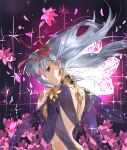 1girl earrings fate/grand_order fate_(series) floral_print flower from_side hair_ribbon highres jewelry kama_(fate) kat_(4681526) long_hair looking_at_viewer looking_back lotus petals red_eyes revealing_clothes ribbon ring silver_hair solo 