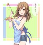  1girl apron bangs bare_arms bare_shoulders blush breasts brown_hair chopsticks cleavage commentary_request cowboy_shot denim denim_shorts eyebrows_visible_through_hair food food_request from_side holding holding_chopsticks holding_food holding_plate kunikida_hanamaru large_breasts light_brown_eyes long_hair looking_at_viewer love_live! love_live!_sunshine!! nearly_naked_apron no_bra parted_lips plate shorts smile solo speech_bubble tonee translation_request 