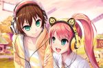  &gt;:) 1boy 1girl :d arm_grab blurry brown_hair character_print closed_mouth collarbone collared_shirt day depth_of_field flower green_eyes hana_(pangya) headphones high_ponytail hood hoodie house kamdia long_hair looking_at_another necktie nuri open_clothes open_hoodie open_mouth orange_hair outdoors pangya plaid plaid_necktie shirt short_hair smile white_shirt windmill wing_collar 