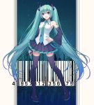  1girl 2017 anniversary aqua_eyes aqua_hair bangs barcode boots dated detached_sleeves eyebrows_visible_through_hair full_body gu_liang_dun_grain hand_on_hip hatsune_miku headset highres long_hair microphone nail_polish necktie open_mouth pigeon-toed pleated_skirt skirt solo thigh-highs thigh_boots twintails very_long_hair vocaloid 