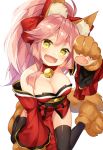  1girl animal_ears bekotarou bell bell_collar black_legwear breasts cleavage collar fang fate/grand_order fate_(series) fox_ears fox_tail hair_ribbon highres large_breasts long_hair looking_at_viewer open_mouth paws pink_hair ribbon simple_background solo tail tamamo_(fate)_(all) tamamo_cat_(fate) thigh-highs white_background yellow_eyes 