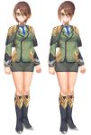  1girl alternate_hairstyle blue_boots boots breasts brown_eyes brown_hair buttons closed_mouth eyebrows_visible_through_hair full_body glasses green_jacket green_skirt hair_between_eyes high_heel_boots high_heels jacket knee_boots large_breasts legs_together long_sleeves looking_at_viewer medal military military_uniform miniskirt multiple_views officer pin short_hair simple_background skirt standing tonee uniform white_background 