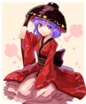  1girl arm_up bangs black_gloves blue_eyes blue_hair bowl bowl_hat closed_mouth eyebrows_visible_through_hair gloves hand_on_headwear hat japanese_clothes kimono looking_at_viewer obi outside_border red_kimono rin_falcon sash short_hair smile solo sukuna_shinmyoumaru touhou wide_sleeves 