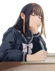  1girl blush bow bowtie brown_hair closed_eyes closed_mouth eyelashes head_rest holding long_hair long_sleeves mattaku_mousuke mechanical_pencil original pencil sailor_collar school_uniform serafuku shadow sidelocks solo twitter_username upper_body white_bow white_bowtie 