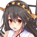  1girl :d black_hair collarbone eyebrows_visible_through_hair hair_between_eyes haruna_(kantai_collection) headband kantai_collection long_hair looking_at_viewer open_mouth portrait red_eyes simple_background sleeveless smile solo syun3783 white_background 