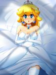  1girl :o absurdres bare_shoulders bed_sheet blonde_hair blue_eyes blush breasts breath bridal_veil choker cleavage dress earrings elbow_gloves gloves hands_clasped highres jewelry konpeto long_hair lying super_mario_bros. medium_breasts on_back pendant princess_peach shiny shiny_hair solo super_mario_bros. sweat thigh-highs tiara veil wedding_dress white_gloves white_legwear 