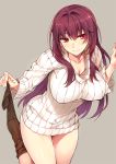 1girl bangs black_legwear blush breasts cleavage closed_mouth collarbone commentary_request cowboy_shot dress erect_nipples fate/grand_order fate_(series) large_breasts long_hair long_sleeves looking_at_viewer purple_hair red_eyes ribbed_sweater scathach_(fate/grand_order) smile solo sweater sweater_dress thighhighs_pull very_long_hair yanagi_(tsukiakari) 