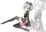  1girl asa_ni_haru black_bow black_dress black_legwear bow dress elsword eve_(elsword) eyebrows_visible_through_hair frilled_bow frills full_body hair_bow high_ponytail highres long_hair maid_headdress parted_lips short_dress silver_hair simple_background solo thigh-highs white_background wrist_cuffs yellow_eyes zoom_layer 