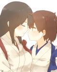  2girls akagi_(kantai_collection) artist_name black_hair blush breasts brown_eyes brown_hair closed_eyes closed_mouth commentary_request eyebrows_visible_through_hair hair_between_eyes hair_tie ina_(1813576) japanese_clothes kaga_(kantai_collection) kantai_collection kimono long_hair multiple_girls side_ponytail simple_background straight_hair tasuki upper_body white_background white_kimono 