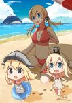  @_@ alternate_costume beach bismarck_(kantai_collection) blonde_hair blue_eyes blue_sky breasts cleavage clouds commentary_request crab crown day hat highres i-58_(kantai_collection) innertube kantai_collection long_hair military_hat mini_crown multiple_girls navel ocean outdoors pokasu prinz_eugen_(kantai_collection) sand sky sweatdrop swimsuit warspite_(kantai_collection) water younger 