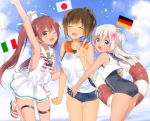  3girls ass blonde_hair blue_eyes blue_swimsuit breasts brown_eyes brown_hair dress flag flat_chest flower german_flag germany hair_flower hair_ornament hat highres i-401_(kantai_collection) italian_flag italy japan japanese_flag kantai_collection libeccio_(kantai_collection) lifebuoy long_hair medium_breasts multiple_girls one-piece_swimsuit revision ro-500_(kantai_collection) sailor_dress sino_(sionori) small_breasts swimsuit tan twintails v 