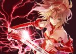  1girl bandeau blonde_hair braid fate/apocrypha fate_(series) green_eyes lightning midriff saber_of_red solo sword weapon yuzuki_karu 