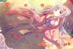  1girl autumn_leaves brown_eyes double_bun dutch_angle ech grey_hair highres japanese_clothes long_hair looking_at_viewer original solo tears 