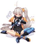  :&lt; :3 ahoge argyle argyle_legwear bare_shoulders black_boots black_panties black_shirt blush boots brown_eyes cat character_name character_request closed_mouth cross-laced_footwear detached_sleeves dev eyebrows_visible_through_hair fume girls_frontline groin hair_between_eyes highres indian_style jacket kneehighs long_hair mismatched_legwear open_clothes open_jacket panties pkp_(girls_frontline) shirt side_ponytail silver_hair sitting sparkle striped striped_legwear thigh-highs underwear vertical-striped_legwear vertical_stripes very_long_hair white_background 
