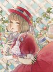  1girl blue_background brooch corset cravat dress eyelashes flower food fruit gloves hat hat_ribbon highres jar jewelry light_brown_hair light_smile looking_at_viewer microphone original paint paint_tube paintbrush plant red_dress red_hat red_lips remon_(10112) ribbon short_hair solo strawberry striped striped_ribbon traditional_media trellis vines watercolor_(medium) white_gloves yellow_eyes 