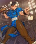  1girl baozi bracelet breasts chair chopsticks chun-li commentary_request earrings eyeshadow food hair_bun jewelry large_breasts makeup na_in-sung pantyhose pelvic_curtain plate short_eyebrows short_hair smile solo spiked_bracelet spikes street_fighter table teapot toned tongue tongue_out 