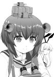  2girls bangs binoculars closed_mouth commentary_request dress eyebrows_visible_through_hair frown greyscale jitome kantai_collection long_hair looking_at_another looking_back monochrome multiple_girls neckerchief parted_lips sailor_dress shimakaze_(kantai_collection) short_hair smile speaking_tube_headset standing tk_(takotsuboya) triangle_mouth upper_body yukikaze_(kantai_collection) 