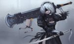  1girl black_dress black_gloves black_hairband blindfold breasts cleavage cleavage_cutout covered_eyes dress dual_wielding dzydar feather-trimmed_sleeves gloves hairband holding holding_weapon huge_weapon katana long_sleeves medium_breasts nier_(series) nier_automata over_shoulder pod_(nier_automata) puffy_long_sleeves puffy_sleeves reverse_grip side_slit silver_hair sword sword_over_shoulder vambraces weapon weapon_over_shoulder yorha_no._2_type_b 