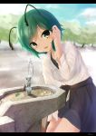  1girl antennae biburu blouse clothes_around_waist commentary_request day drinking_fountain eyebrows_visible_through_hair green_eyes green_hair hair_tucking highres ladybug leaf leaning_forward lens_flare letterboxed looking_at_viewer outdoors shorts signature solo sweat touhou water white_blouse wriggle_nightbug 