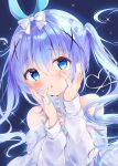  1girl amedamacon animal_ears bangs bare_shoulders blue_eyes blue_hair blush bow chestnut_mouth commentary_request dress eyebrows_visible_through_hair fur-trimmed_jacket fur_trim gochuumon_wa_usagi_desu_ka? hair_between_eyes hair_bow hair_ornament hands_up highres jacket kafuu_chino long_sleeves looking_at_viewer off_shoulder parted_lips rabbit_ears sleeves_past_wrists solo sparkle twintails upper_body white_bow white_dress white_jacket x_hair_ornament 