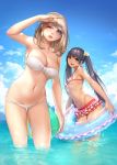 2girls arm_up armpits ball bangs bare_shoulders beachball bikini bikini_skirt blonde_hair blue_eyes blue_hair blue_sky breasts brown_eyes cleavage clouds collarbone commentary day eyebrows_visible_through_hair fang hair_ornament highres holding innertube large_breasts lips looking_at_viewer masami_chie multiple_girls navel one_eye_closed open_mouth original outdoors parted_lips partially_submerged sky small_breasts smile striped striped_bikini swimsuit tan tanline twintails water wet 
