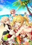  &gt;:d 1boy 4girls :d ^_^ arm_up artoria_pendragon_(all) artoria_pendragon_(swimsuit_rider_alter)_(fate) ass bangs barefoot bent_over bikini black_ribbon black_swimsuit blonde_hair blue_sky blurry braid breasts breasts_apart brown_hair bucket butter_knife casual_one-piece_swimsuit center_opening cherry cleavage closed_eyes clouds coconut_tree cream criss-cross_halter dark_excalibur day depth_of_field diving_mask diving_mask_on_head eating eyebrows_visible_through_hair fang fate/grand_order fate_(series) fishing_rod food fork french_braid fruit fujimaru_ritsuka_(female) fujimaru_ritsuka_(male) giving green_eyes hair_bun hair_over_one_eye hair_ribbon halterneck holding holding_bucket holding_food holding_spoon horizon ice_cream inflatable_toy innertube kiwifruit large_breasts lemon lemon_slice lens_flare lobster long_hair looking_at_viewer meat medium_breasts multiple_girls nero_claudius_(swimsuit_caster)_(fate) o-ring_bikini ocean octopus one-piece_swimsuit one_leg_raised open_mouth orange_hair outdoors outstretched_arm palm_tree plate purple_hair ribbon saber_alter saber_extra shielder_(fate/grand_order) short_hair side_ponytail sitting sky smile snorkel sparkle spoon spoon_in_mouth standing standing_on_one_leg striped striped_bikini summer sunlight swimsuit swimwear table tree twintails twitter_username uchuu_gorira water yellow_eyes 