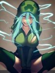  1girl at2. blue_hair breasts charged_creeper cleavage creeparka creeper electricity fang green_hoodie green_legwear grin hair_between_eyes highres hood hooded_sweater large_breasts long_sleeves looking_at_viewer minecraft open_mouth personification red_eyes smile solo sweater thigh-highs torn_clothes 