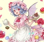  1girl ama-tou apron ascot bangs bat_wings blue_hair broom buttons cake chocolate chocolate_cake cup fang flower food fruit hat hat_ribbon holding looking_at_viewer mob_cap open_mouth pink_hat puffy_short_sleeves puffy_sleeves red_eyes red_ribbon red_rose remilia_scarlet ribbon ribbon-trimmed_skirt ribbon-trimmed_sleeves ribbon_trim rose short_hair short_sleeves skirt skirt_set smile solo strawberry teacup teapot touhou tray waist_apron wings wrist_cuffs yellow_background 